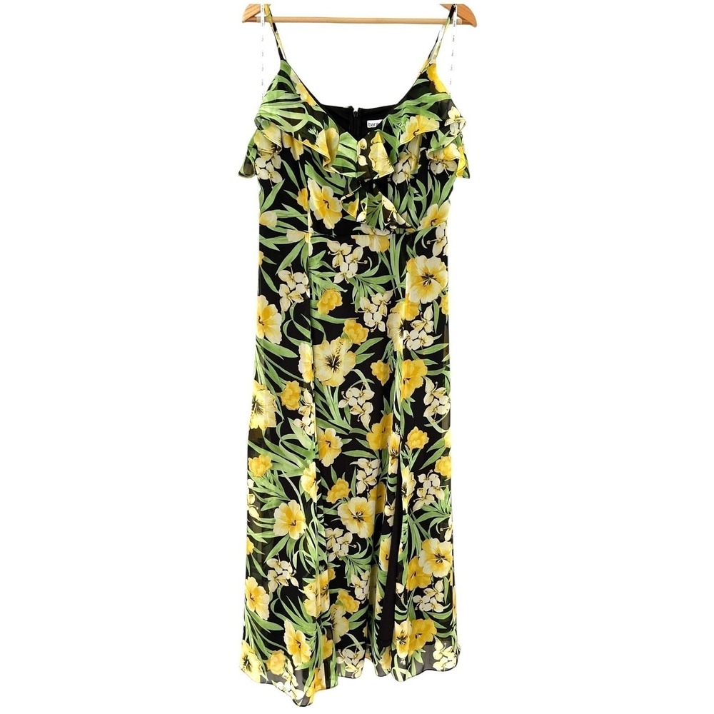 Bar III Floral Maxi Dress Women Large Black Yellow Excellent Ruffle Slit V-Neck - Picture 2 of 16